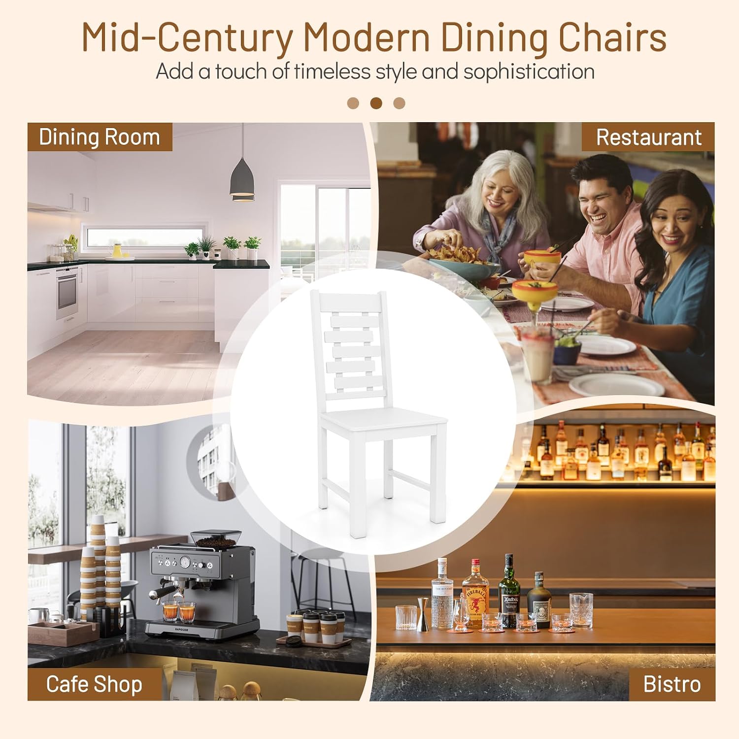 Giantex Wooden Dining Chairs Set of 4, 100% Solid Rubber Wood Kitchen Chair with High & Tilted Backrest, Wide Seat, Mid-Century Modern Side Armless Chairs for Dining Room Living Room, White