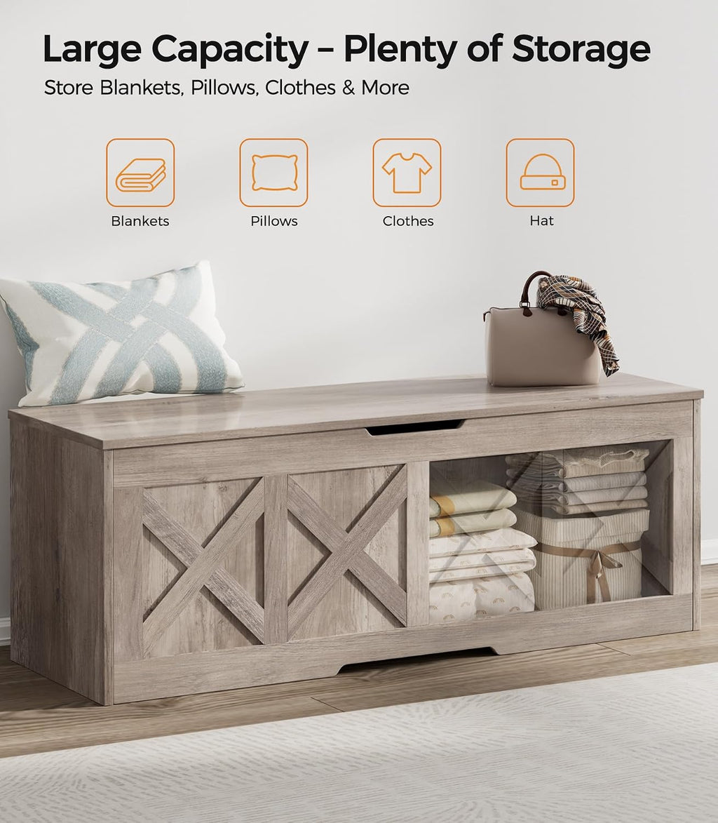 Homleke 47.2" Extra-Large Wooden Storage Chest, Farmhouse Storage Bench | with Safety Hinge, Easy Assembly, for Bedroom, Living Room & Entryway, Greige