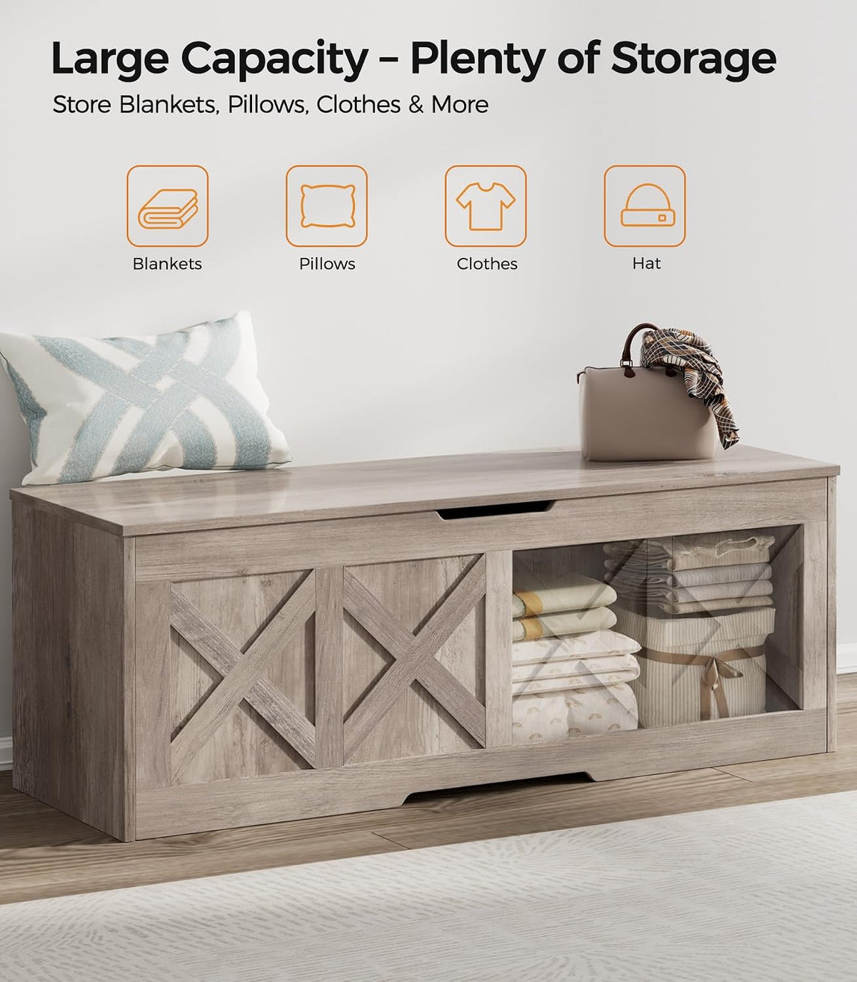 Homleke 47.2" Extra-Large Wooden Storage Chest, Farmhouse Storage Bench | with Safety Hinge, Easy Assembly, for Bedroom, Living Room & Entryway, Greige