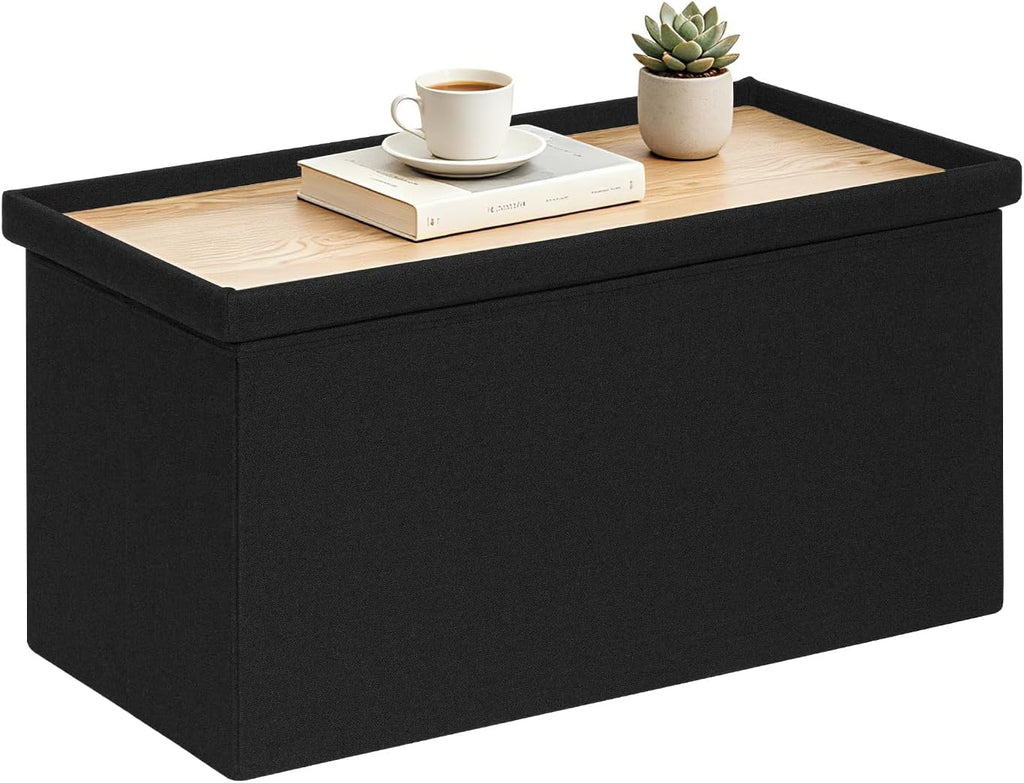 30 Inch Folding Storage Ottoman with Reversible Lid Coffee Table, Linen Fabric Multi-Functional Foot Rest & Seat for Living Room, Bedroom-Black
