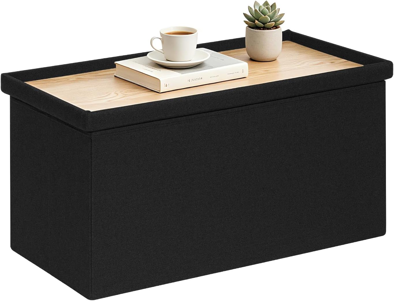 30 Inch Folding Storage Ottoman with Reversible Lid Coffee Table, Linen Fabric Multi-Functional Foot Rest & Seat for Living Room, Bedroom-Black