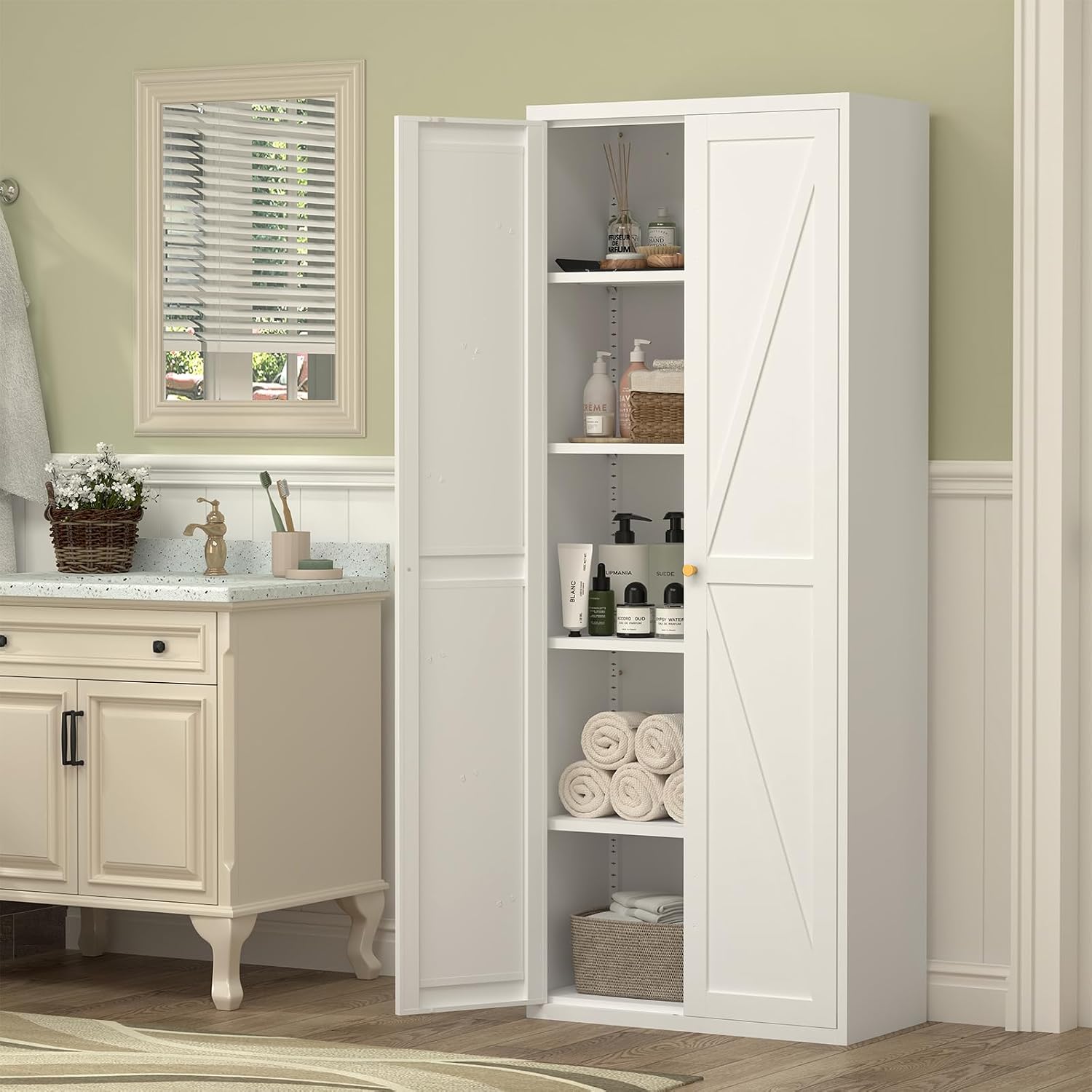 71" Tall Kitchen Pantry Storage Cabinet, Kitchen Storage Cabinet with Doors and 4 Adjustable Shelves, Metal Freestanding Cupboard for Garage Dining Room Living Room Bathroom, White