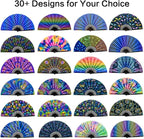 UV Glow Rave Fan, Bamboo Folding Clack Hand Fans Foldable for Men Women, Boots on the Ground Poping Fan for EDM Festival Line Dance Decoration, (Mushrooms and Skulls, Large 13")