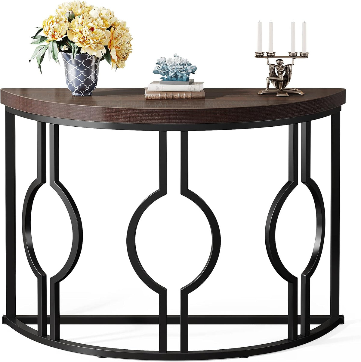 Tribesigns Half Moon Console Table for Entryway, 43 Inch Industrial Semi Circle Sofa Table with Geometric Base, Wood Accent Table for Living Room, Hallway, Foyer, Entrance, Rustic Brown