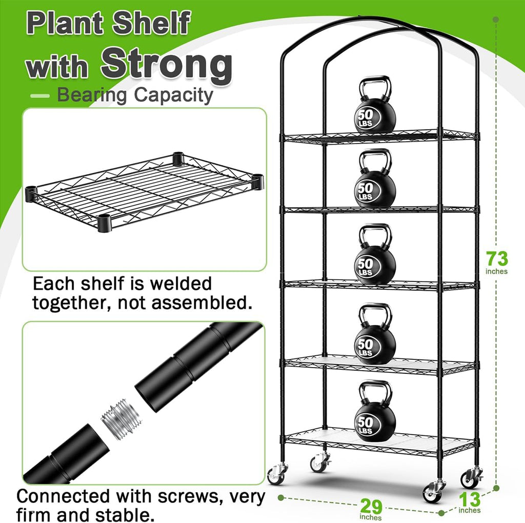 Abimars 5-Tier Greenhouse with Caster Wheel, Each Shelf Height Adjustable Metal Plant Shelf with PVC Cover for Seed Starting Trays, Seedling Pots, Plant Pots, 13x29x73inch