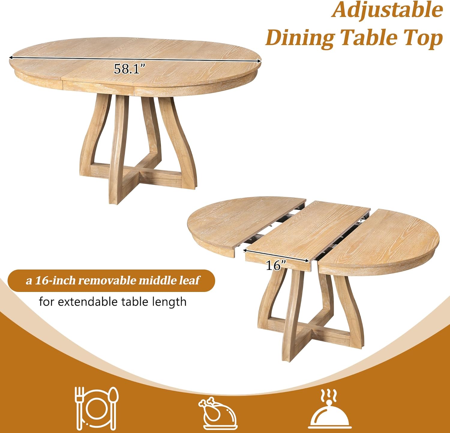 LUMISOL Extendable Round Dining Table for 4-6 People, Farmhouse Kitchen Table with 16” Middle Leaf and Curved Table Legs for Kitchen, Dining Room, Apartment, Natural Wood Wash