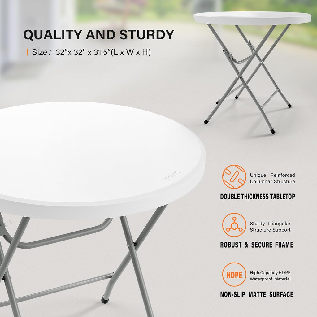 VINGLI 32" Round Folding Commercial Banquet Table, Portable Plastic Coffee Card Dining Table for Kitchen or Outdoor Party Wedding Event, 1 Pack, White | Folding