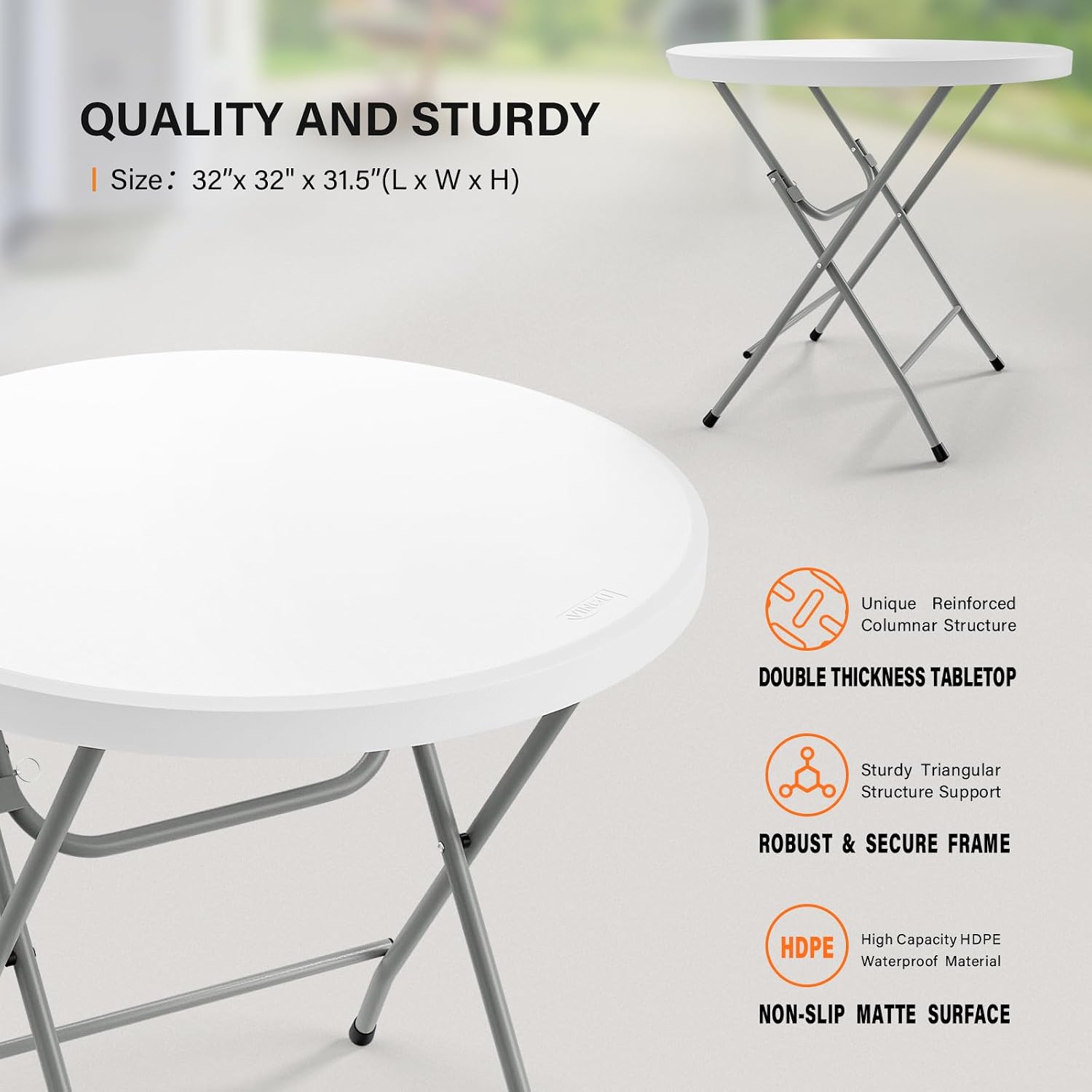 VINGLI 32" Round Folding Commercial Banquet Table, Portable Plastic Coffee Card Dining Table for Kitchen or Outdoor Party Wedding Event, 1 Pack, White | Folding