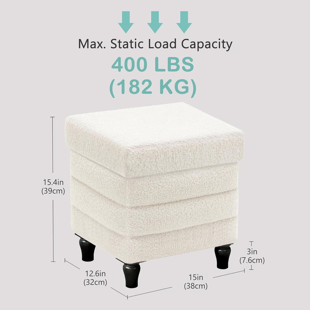 CAROLMADE Folding Storage Ottoman Cube Sherpa Footstool with Wood Legs Ottoman Footrest for Living Room and Bedroom, White 15"x12.6"x15.4"