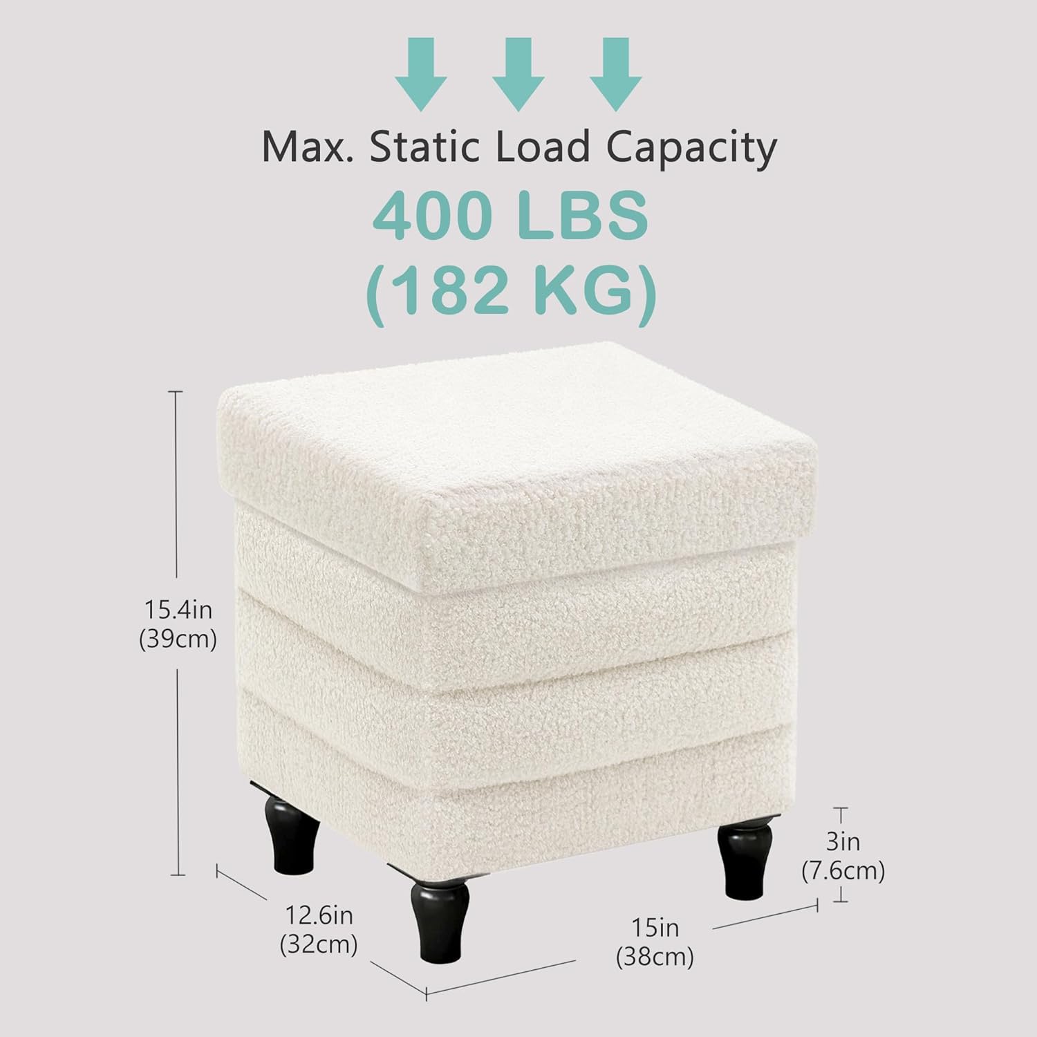 CAROLMADE Folding Storage Ottoman Cube Sherpa Footstool with Wood Legs Ottoman Footrest for Living Room and Bedroom, White 15"x12.6"x15.4"