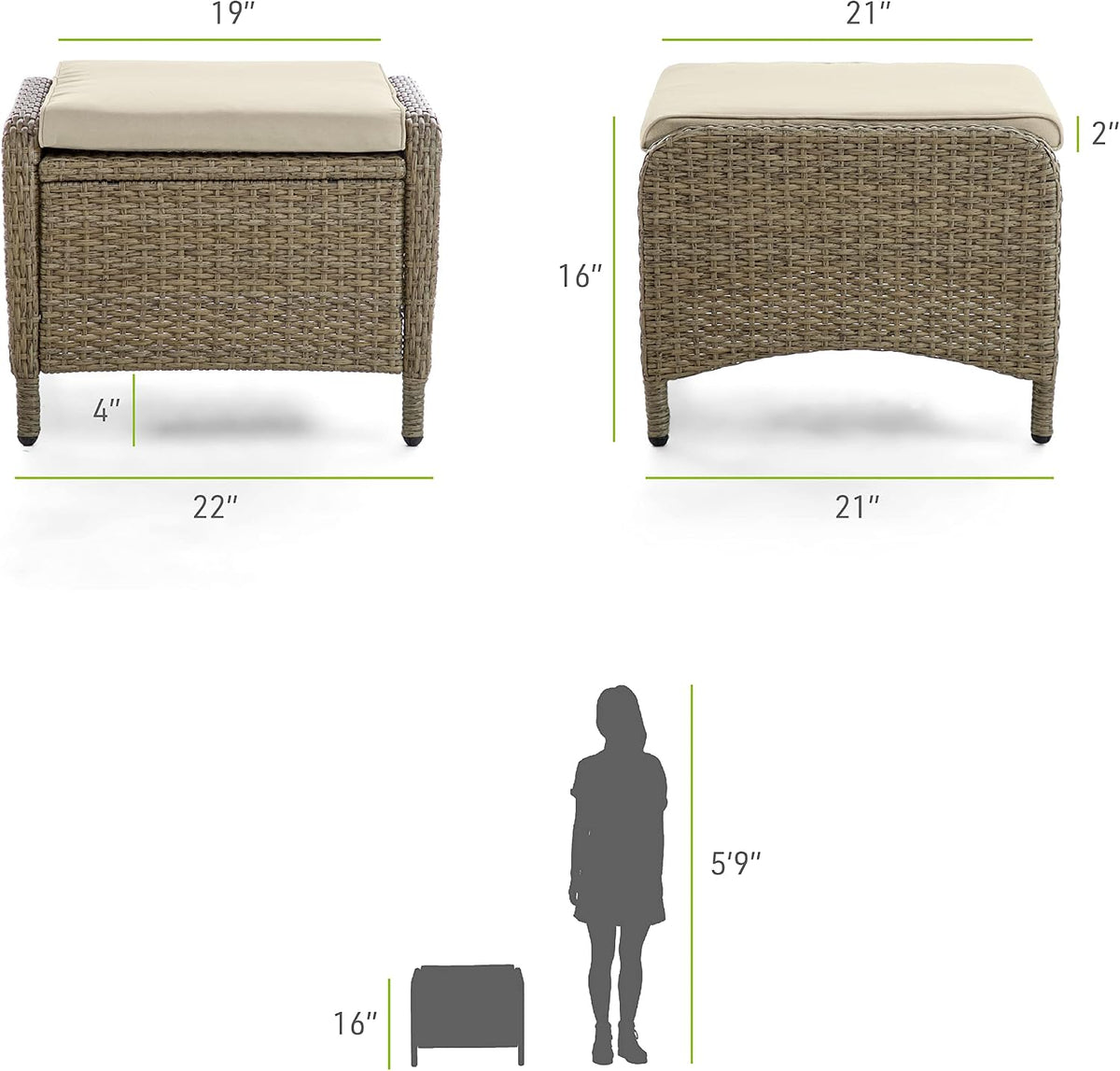 Greemotion Garda 2-Piece Outdoor Patio Aluminum Polyrattan Wicker Outdoor Ottoman All Weather Rattan Patio Furniture Outdoor Footstool Footrest Seat Set w/Removable Cushions in Beige