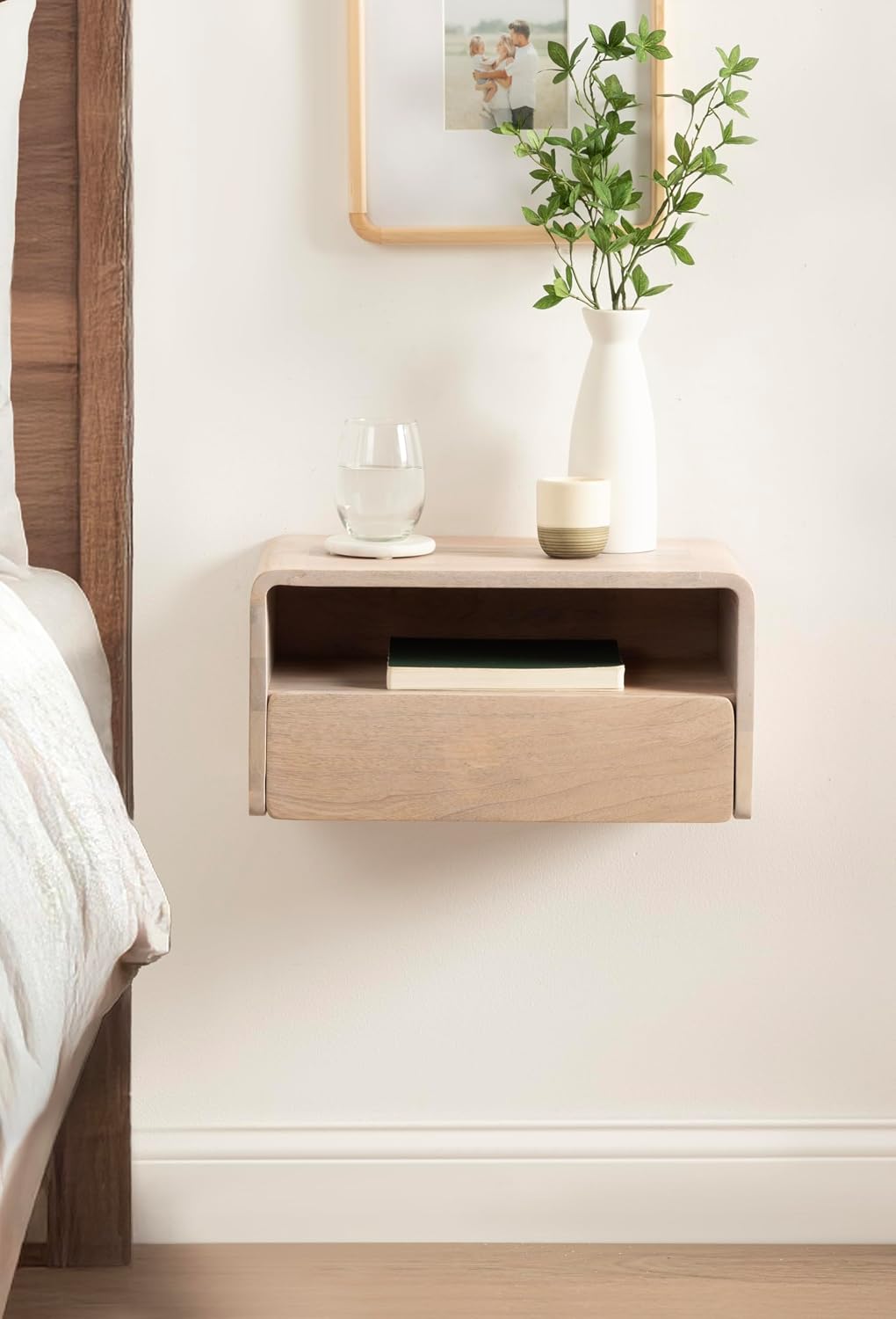 Kate and Laurel Kato Modern Mango Wood Floating Side Table with Drawer, 18 x 10 x 9, Whitewash, Contemporary Wooden Floating Nightstand for Bedroom Bedside Table or Living Room Wall Storage