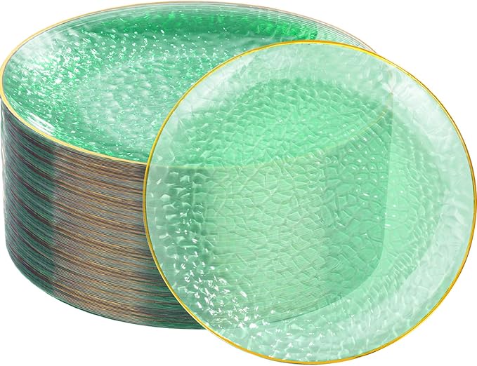 Rubtlamp 60 Pieces Green Gold Plastic Plates - 10 inch Green Plastic Dinner Plates - Hammer Pattern Design - Fancy Disposable Plates Ideal for Wedding & Party