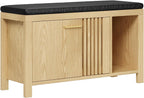 UNIQUITE 40" Shoe Storage Bench with Flip Drawers & Padded Seat Cushion, Open Compartments & Slatted Doors, Entryway Bench with Shoe Storage for Entryway, Hallway, Living Room, Bedroom, Natural