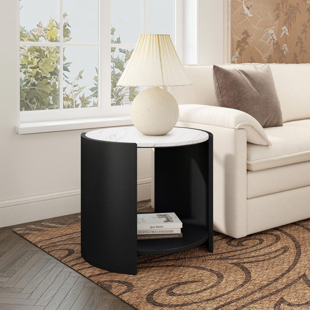 DDAYALANE Farmhouse Wooden Bedside Table for Living Room, White Faux Marble Tabletop, 25" Round Side Table Night Stand for Bedroom with 2-Tier Storage End Table, Rustic Black and White