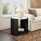 DDAYALANE Farmhouse Wooden Bedside Table for Living Room, White Faux Marble Tabletop, 25" Round Side Table Night Stand for Bedroom with 2-Tier Storage End Table, Rustic Black and White