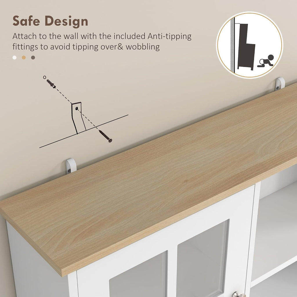 HOMCOM Kitchen Pantry Storage Cabinet 72" with Hutch, White | Large Countertop, Freestanding, Glass Doors, Adjustable Shelves, Dining Room
