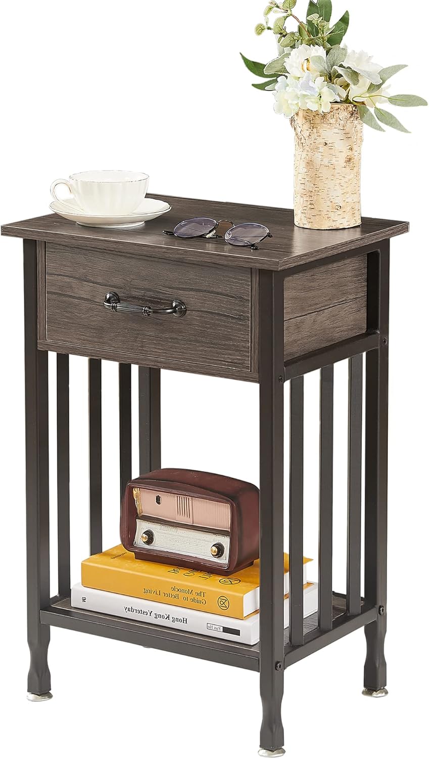 VECELO Nightstands, Industrial Side Table/End Tables with Drawer and Storage Shelf, Night Stands for Bedroom, Living Room, Wood Metal Furniture, Easy Assembly,Gray,1 Set