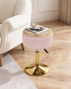 LITZFUR Adjustable Vanity Stool with Storage, 360° Swivel Gold Chair, Velvet Small Round Ottoman Footrest for Bathroom, Makeup Room, Pink