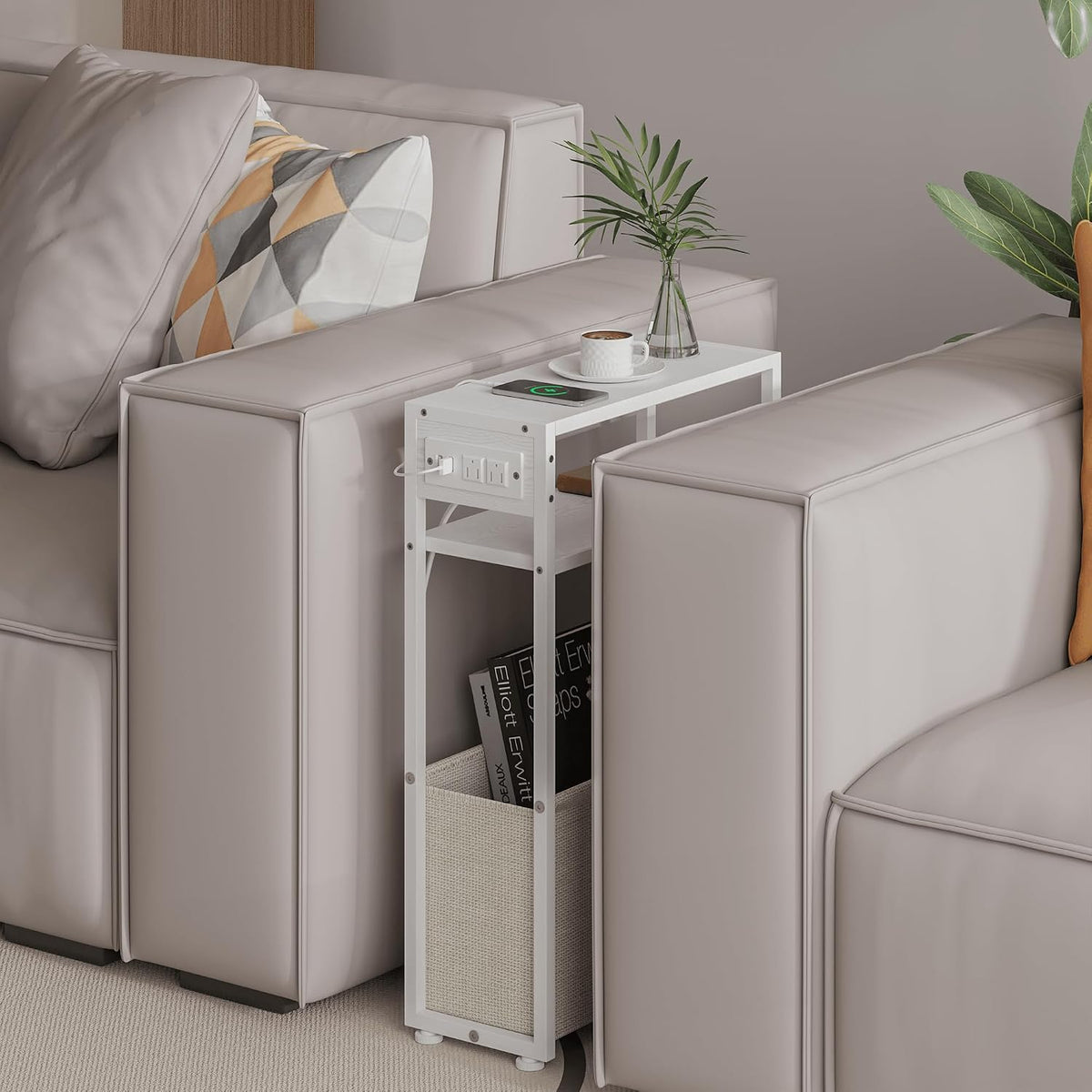 Leomonio White Side Table with Charging Station, Slim End Tables with Linen Basket, Skinny Table for Small Spaces, Thin Bedside Table for Living Room, Bedroom