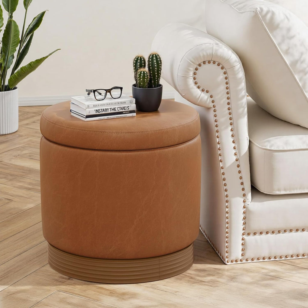 19" Round Swivel Storage Ottoman with Tray Top, Upholstered Faux Leather Foot Stool with Solid Acacia Wood Base 500 lbs Modern Accent Footrest for Living Room & Bedroom Fully Assembled Brown
