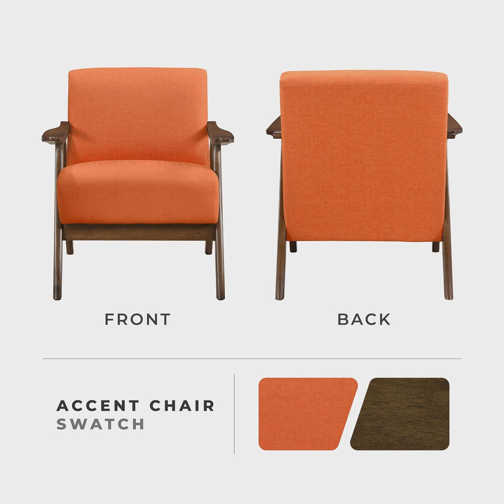 Lexicon Mid Century Modern Accent Chair with Solid Wood Frame in Walnut Finish, Upholstered Living Room Lounge Arm Chair, Thick and Comfy Innerspring Seat Cushion, Linen-Look Fabric, Orange