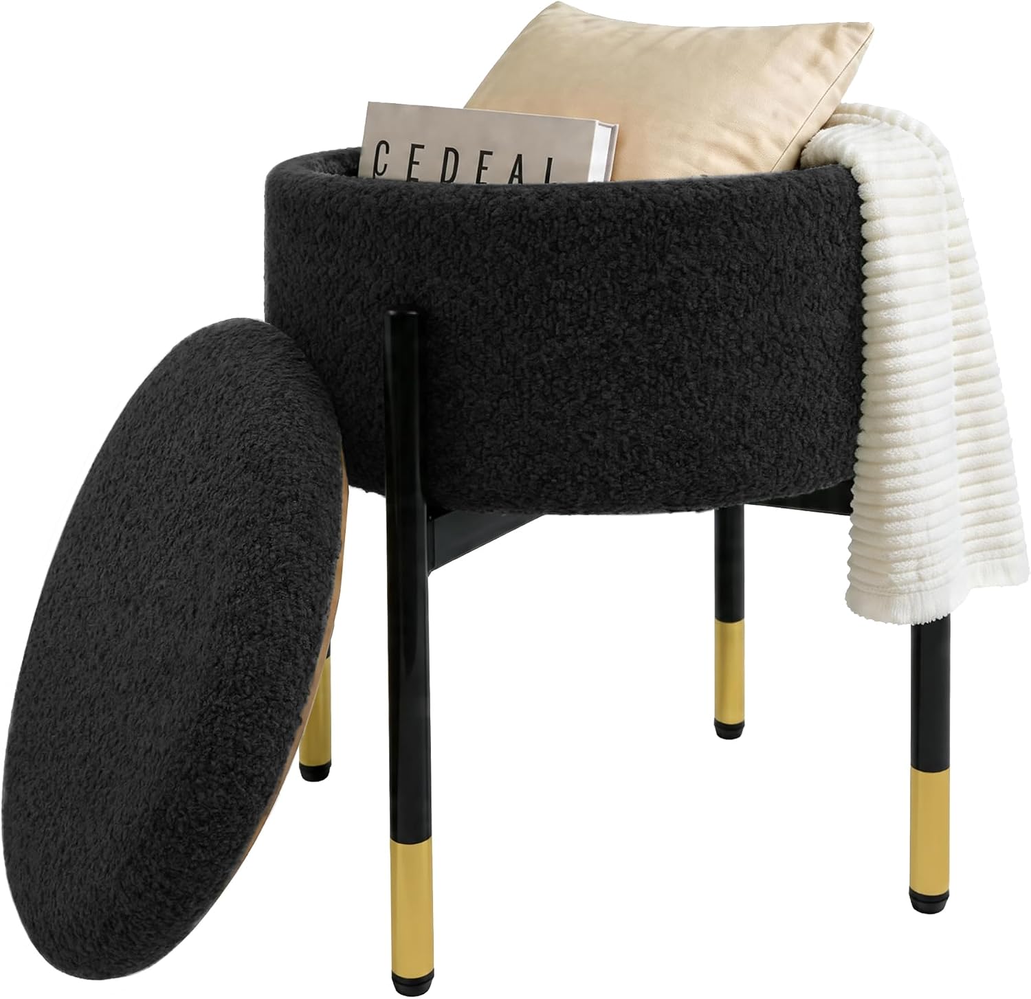 Round Ottoman with Storage,Soft Velvet Vanity Stool,Ottoman Coffee Table with Metal Legs,Foot Stool for Living Room Bedroom, Black