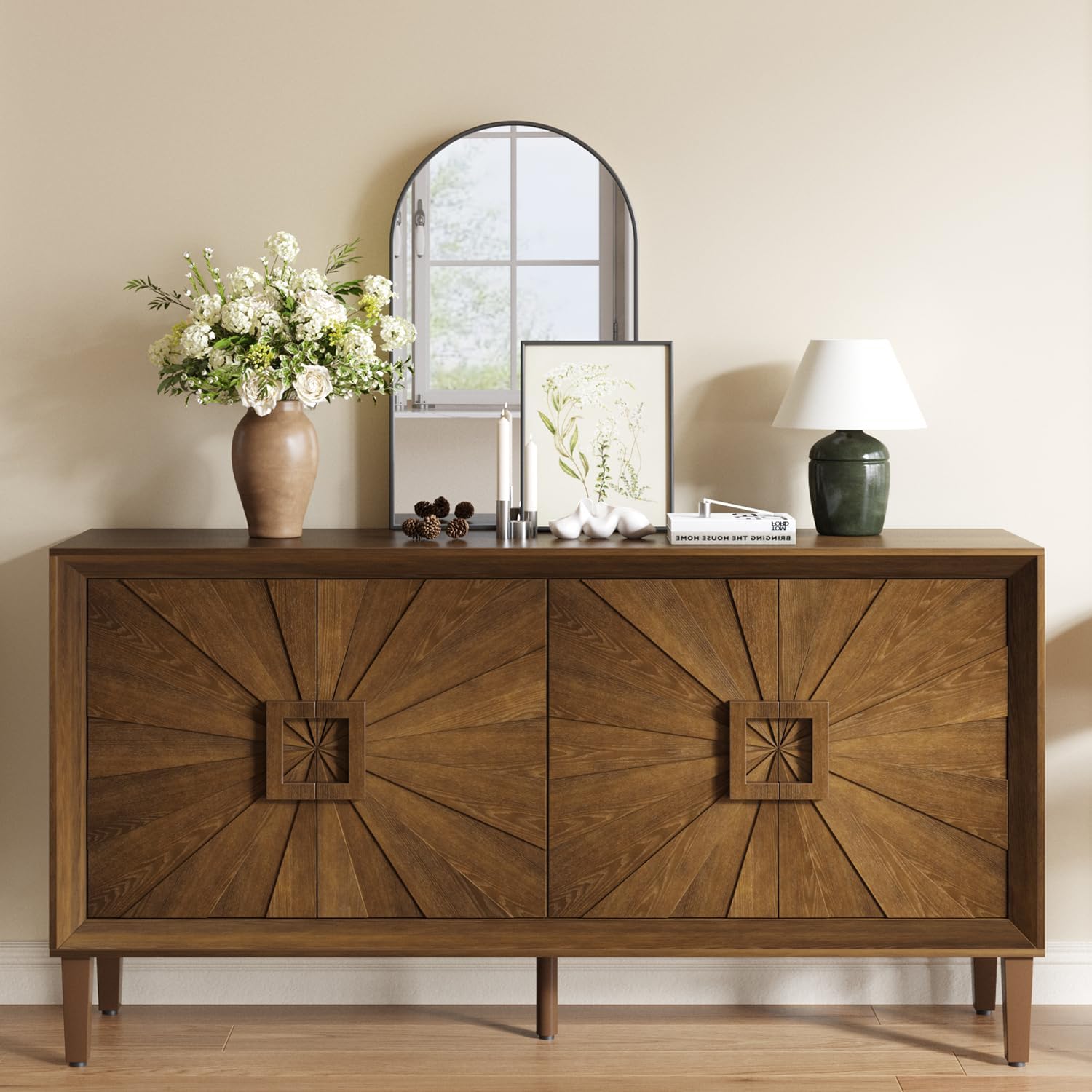 Large Buffet Sideboard Cabinet with Storage,60" Modern Cedenzas Buffet Table American Farmhouse Charm Cabinet with 4 Symmetrical Sunburst Doors for Living Room Hallway, Antique Brown