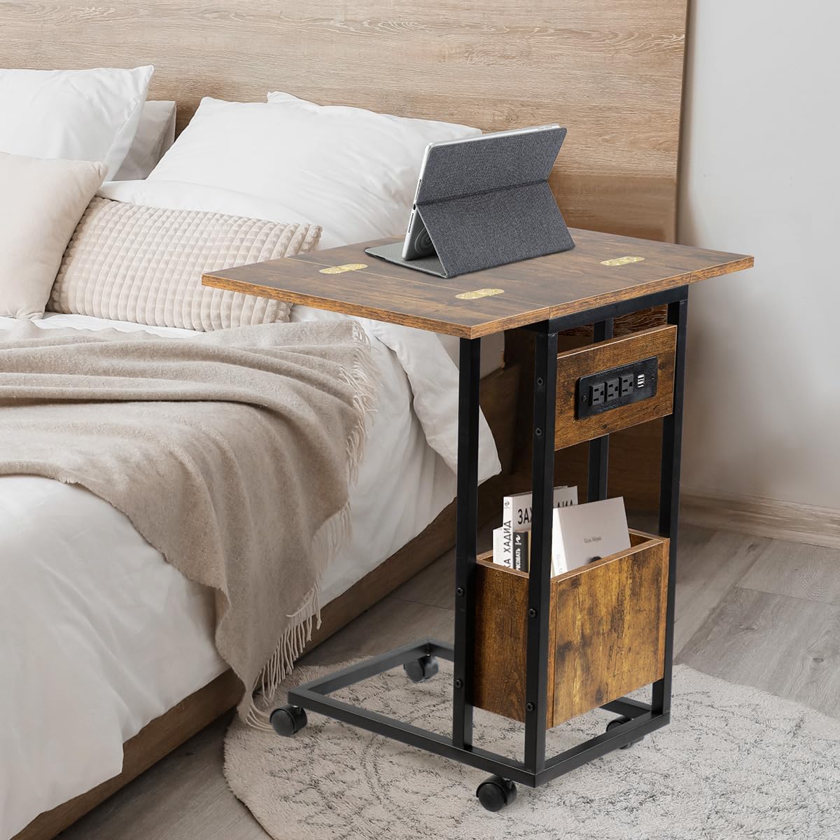 Hadulcet C Shaped End Table with Charging Station & Foldable Tabletop, Folding TV Tray Table with Storage, Laptop Table for Couch, C Table for Sofa, Living Room Bedroom Small Spaces, Rustic Brown
