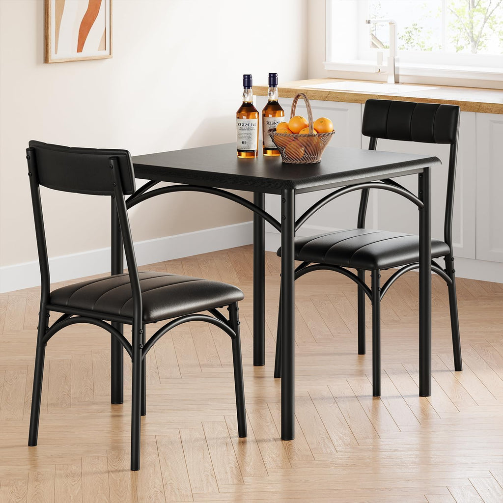 3-Piece Dining Table Set for 2, Kitchen Table Set with 2 Upholstered Chairs, Square Dining Table Set for Apartment, Studio, Small Space, Black
