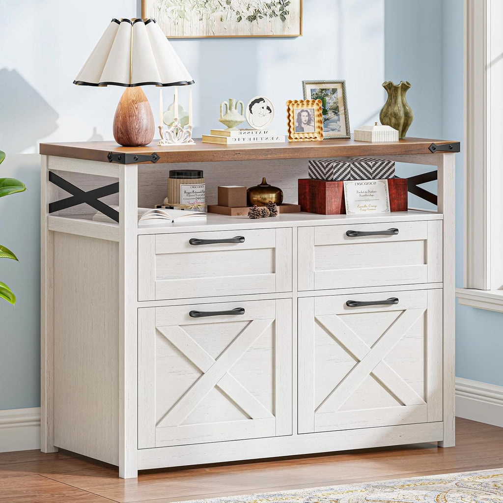 Farmhouse 4 Drawer File Cabinet with Open Storage Shelf, Lateral Filing Cabinet Fits Letter/A4/ Size, Home Office Filing Organizer, Document Storage Printer Stand for Office and Home. Uunique White