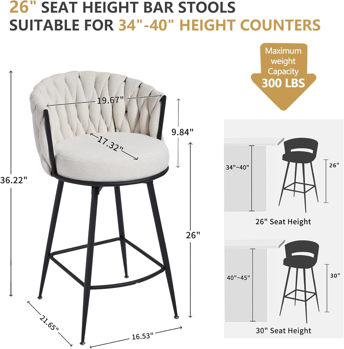 BFZ Swivel Bar Stools Set of 3, 26" Counter Height Barstools, Beige | Fabric, Upholstered Seat, Woven Backrest, Metal Frame, Mid-Century Modern, For Kitchen Island