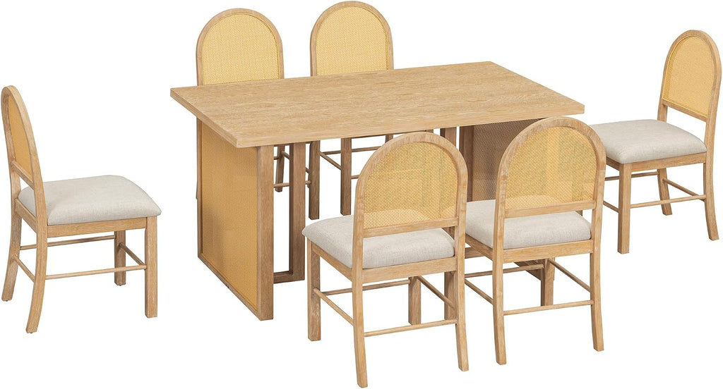 Merax 7-Piece Dining Table Set, Farmhouse Dining Table with Distressed Oak Veneer and 6 Chairs, Rustic Kitchen Furniture for Dining Room, Natural