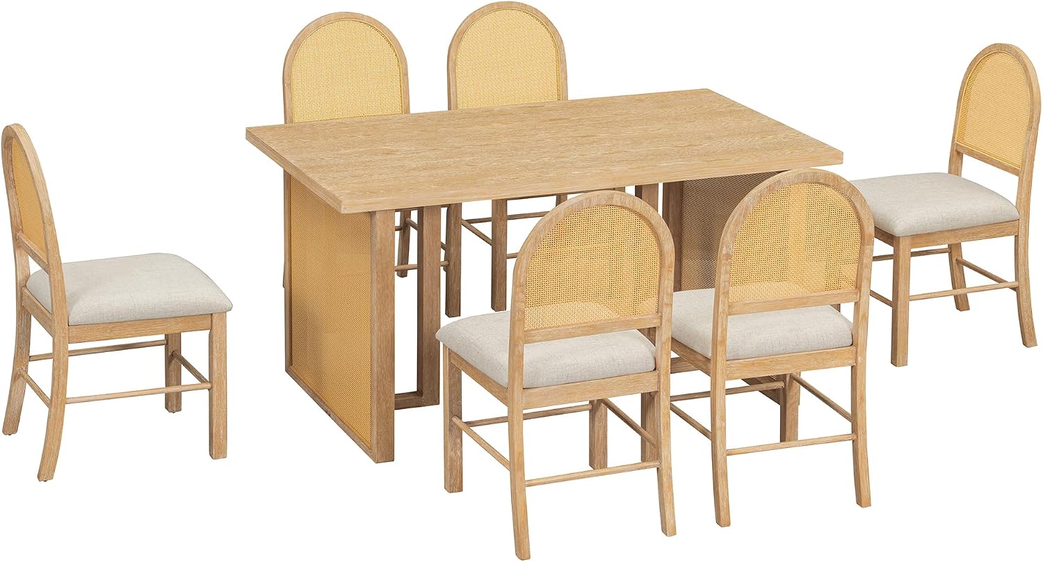 Merax 7-Piece Dining Table Set, Farmhouse Dining Table with Distressed Oak Veneer and 6 Chairs, Rustic Kitchen Furniture for Dining Room, Natural