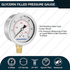 MEASUREMAN 2-1/2inch Dial Size, Glycerin Filled Pressure Gauge, 0-300psi/kpa, 304 Stainless Steel Case, 1/4 inchNPT Lower Mount