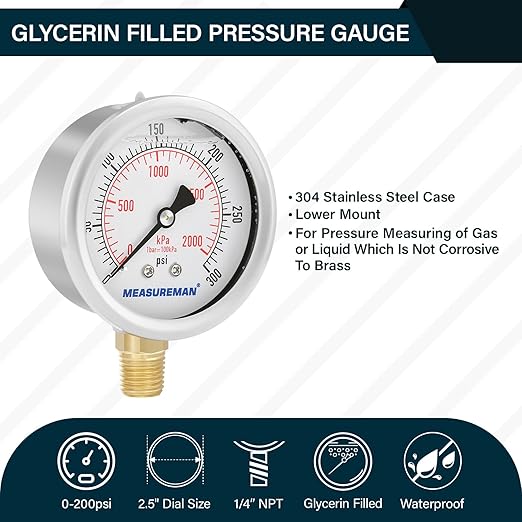MEASUREMAN 2-1/2inch Dial Size, Glycerin Filled Pressure Gauge, 0-300psi/kpa, 304 Stainless Steel Case, 1/4 inchNPT Lower Mount