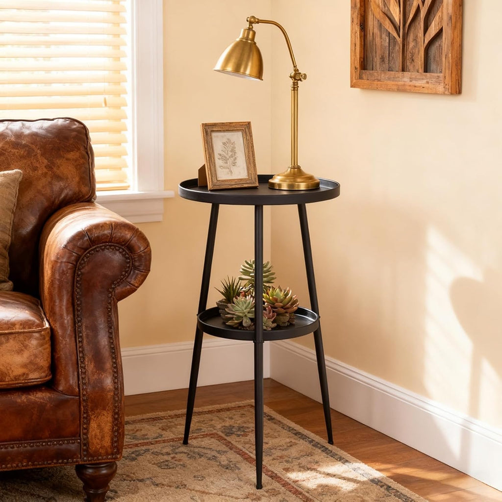 ShellKingdom Small Round Side Table, 2 Tier Metal End Table for Indoor Outdoor Bedroom Living Room Home Office Nightstand (Black)