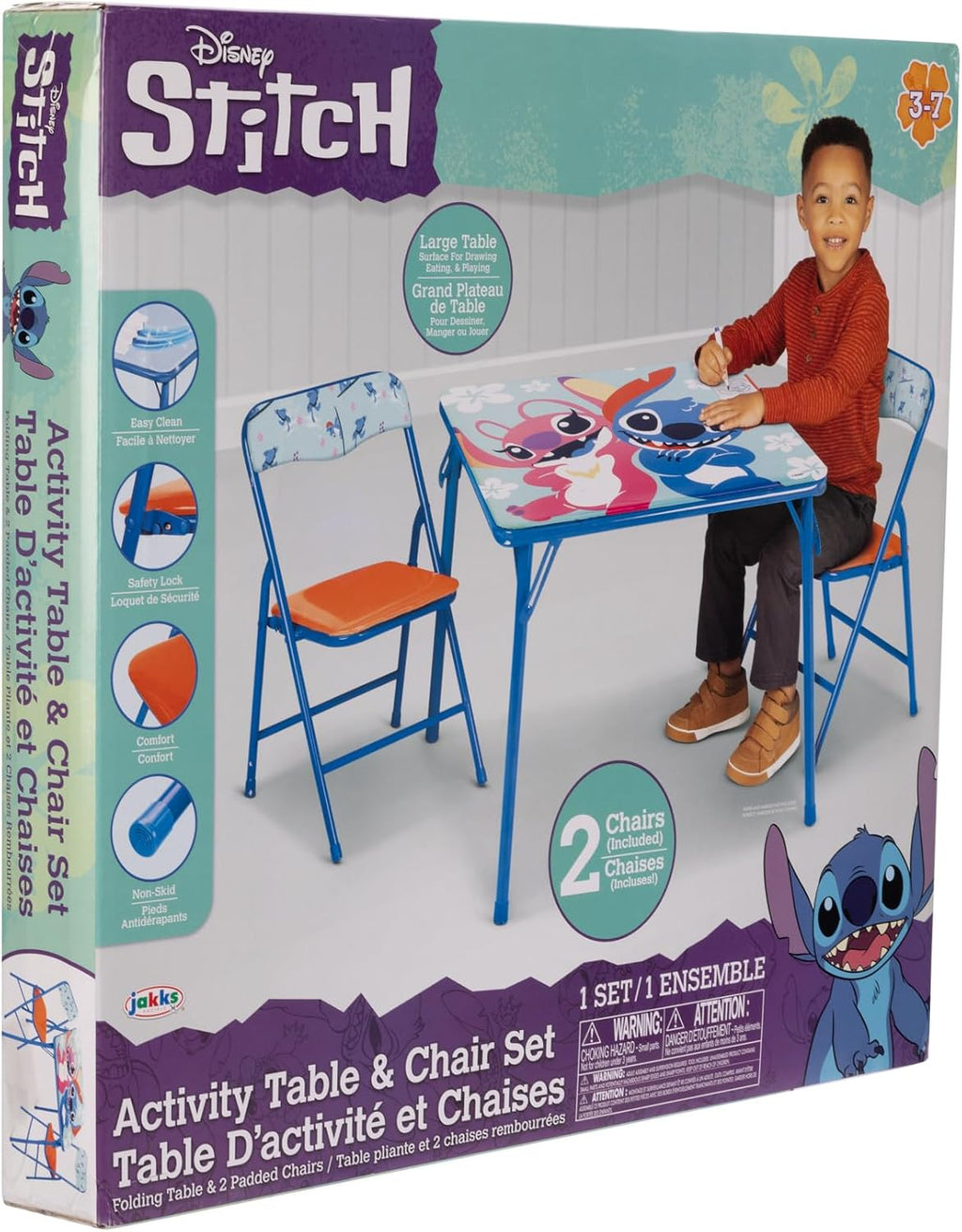 JAKKS Pacific Stitch Kids Table & Chairs Set for Kid and Toddler 36 Months Up to 7 Years, Includes: 1 Table (24" L x 24" W x 20" H), 2 Chairs (13" L x 13.5" W x 21" H) Weight Limit: 70 lb