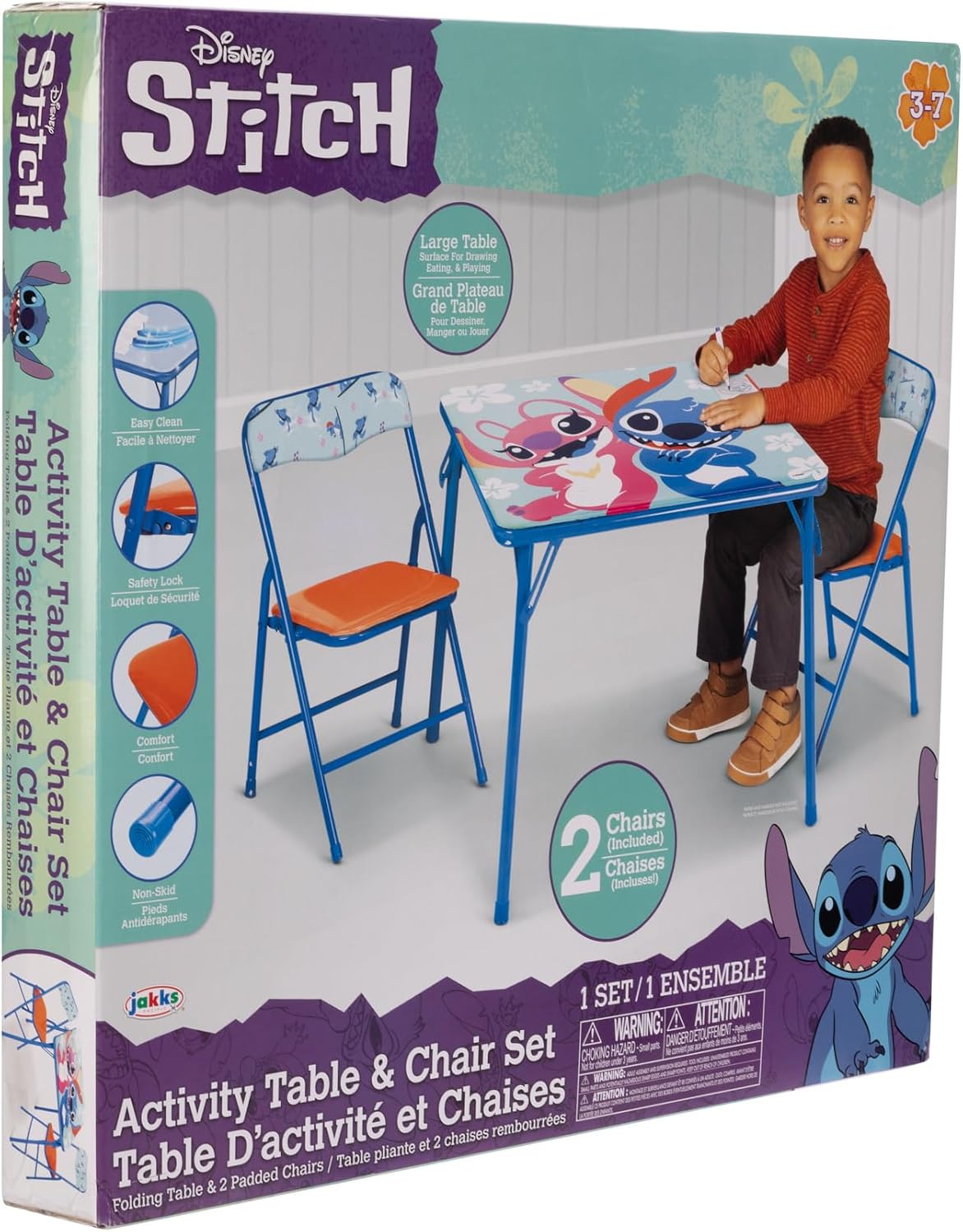JAKKS Pacific Stitch Kids Table & Chairs Set for Kid and Toddler 36 Months Up to 7 Years, Includes: 1 Table (24" L x 24" W x 20" H), 2 Chairs (13" L x 13.5" W x 21" H) Weight Limit: 70 lb