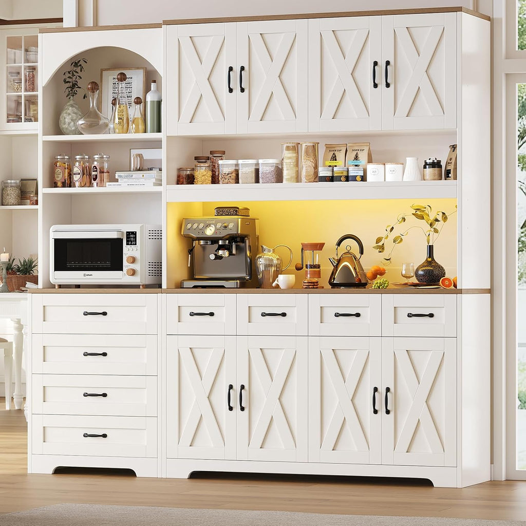 Kitchen Pantry Cabinet with 8 Drawers & Arched Open Shelf, Tall Farmhouse Storage Cabinet with Charging Station & RGB LED Light, Coffee Bar Cabinet for Dining Room, White