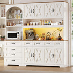Kitchen Pantry Cabinet with 8 Drawers & Arched Open Shelf, Tall Farmhouse Storage Cabinet with Charging Station & RGB LED Light, Coffee Bar Cabinet for Dining Room, White