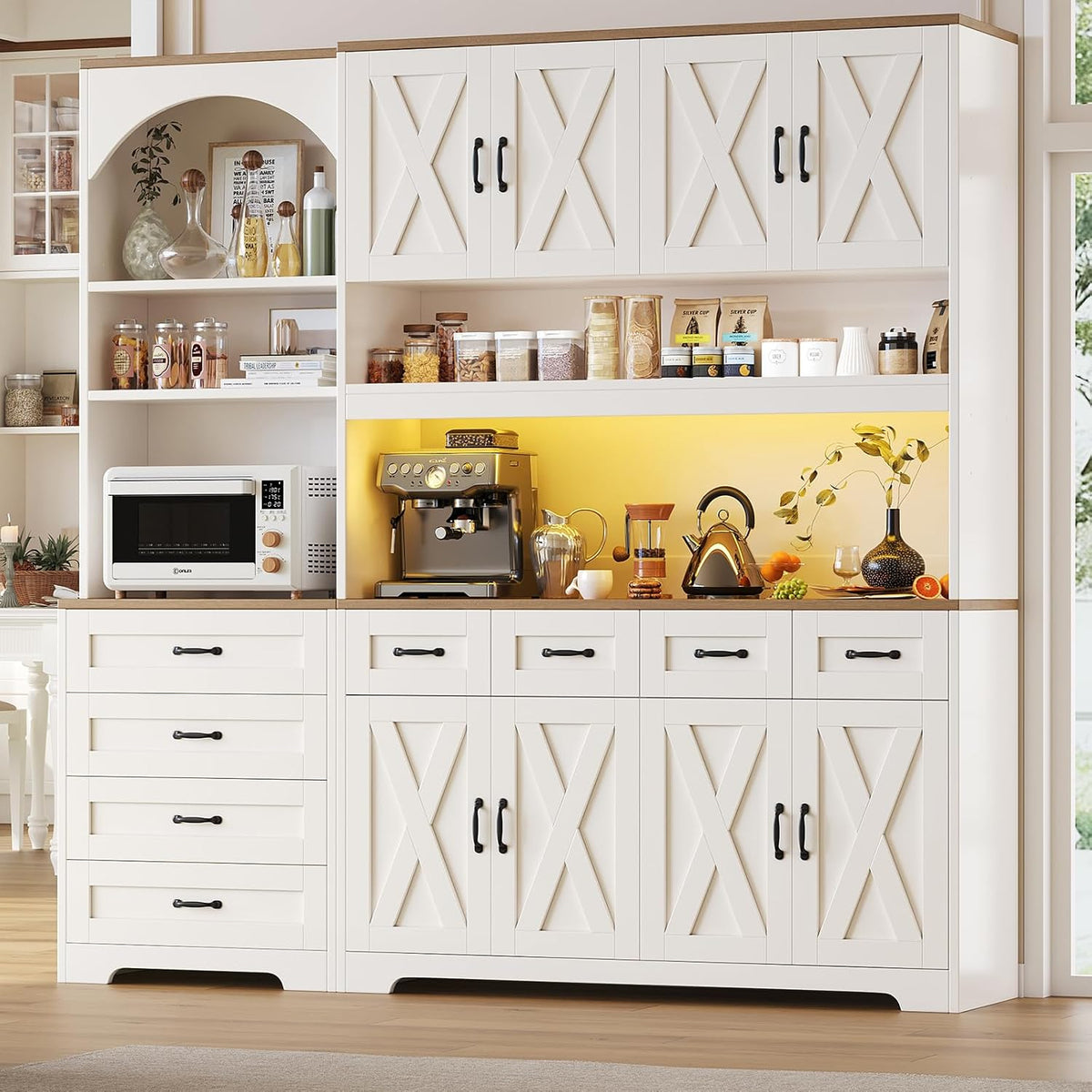 Kitchen Pantry Cabinet with 8 Drawers & Arched Open Shelf, Tall Farmhouse Storage Cabinet with Charging Station & RGB LED Light, Coffee Bar Cabinet for Dining Room, White