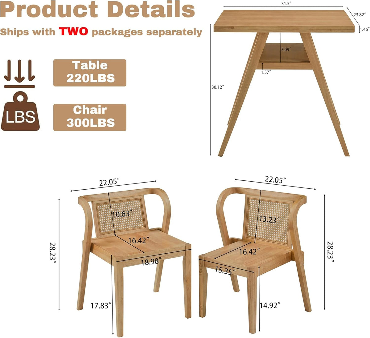 PADMA HOUSE Bistro Stacking Table Chair Set of 3, Wood Rattan Small Dining Table & Chair Set, Nesting Table Chair Set for Tavern, Balcony, Dining, Indoor, Patio-Natural Wood Color