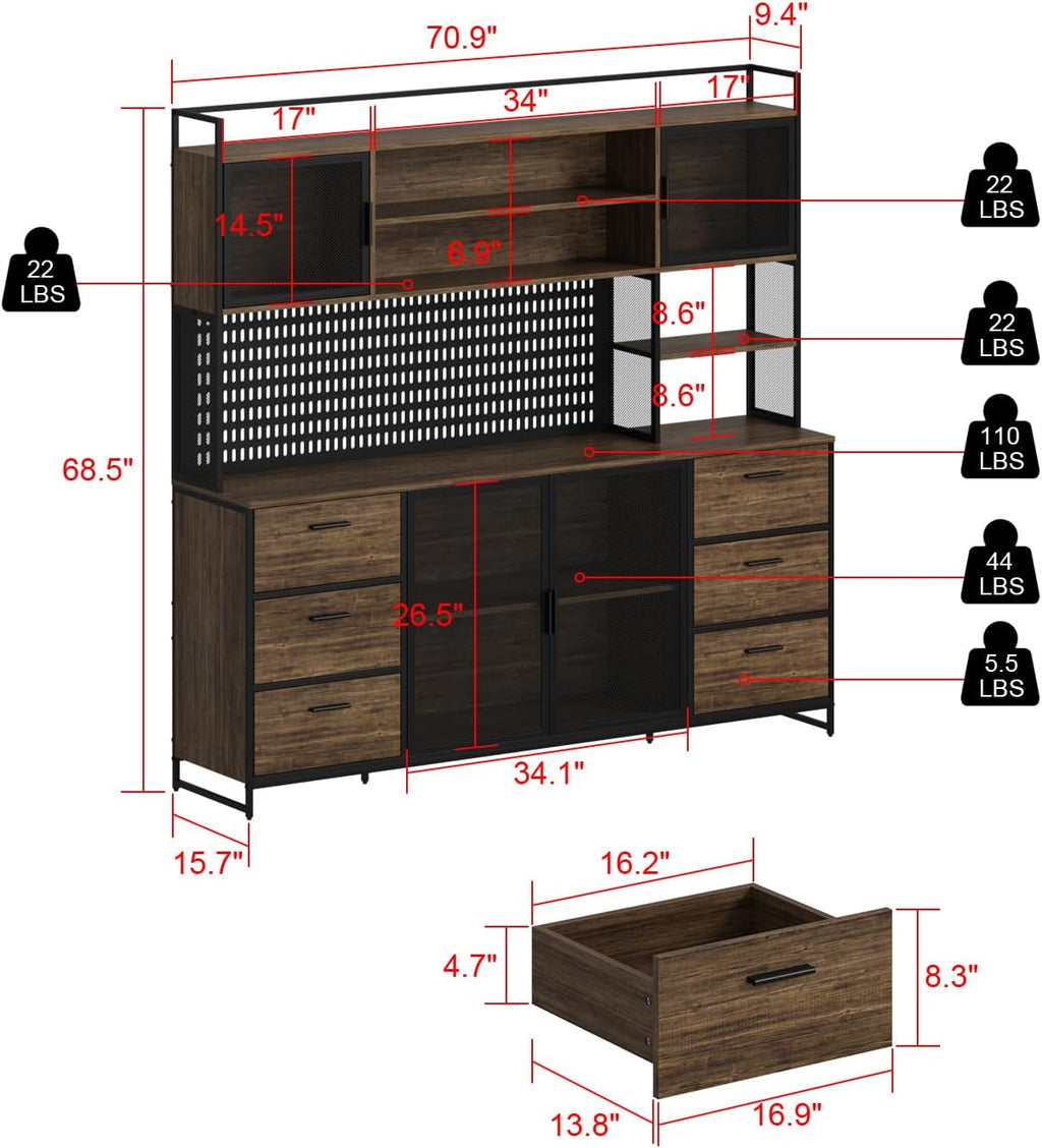 MOUMON 70.9" Extra Large Kitchen Pantry Cabinet with Hutch, Industrial Kitchen Hutch with 6 Drawers and 4 Mesh Doors, Large Coffee Bar Cabinet with Pegboard and Shelves, Brown and Black