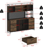 MOUMON 70.9" Extra Large Kitchen Pantry Cabinet with Hutch, Industrial Kitchen Hutch with 6 Drawers and 4 Mesh Doors, Large Coffee Bar Cabinet with Pegboard and Shelves, Brown and Black