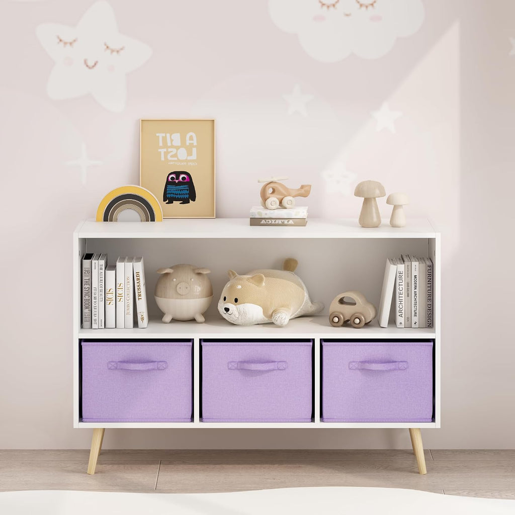 Kids Bookcase with Collapsible Fabric Drawers, Toddler Table and | Multi-purpose kids furniture set for bedroom with collapsible fabric drawers, sturdy MDF board, easy setup, perfect for