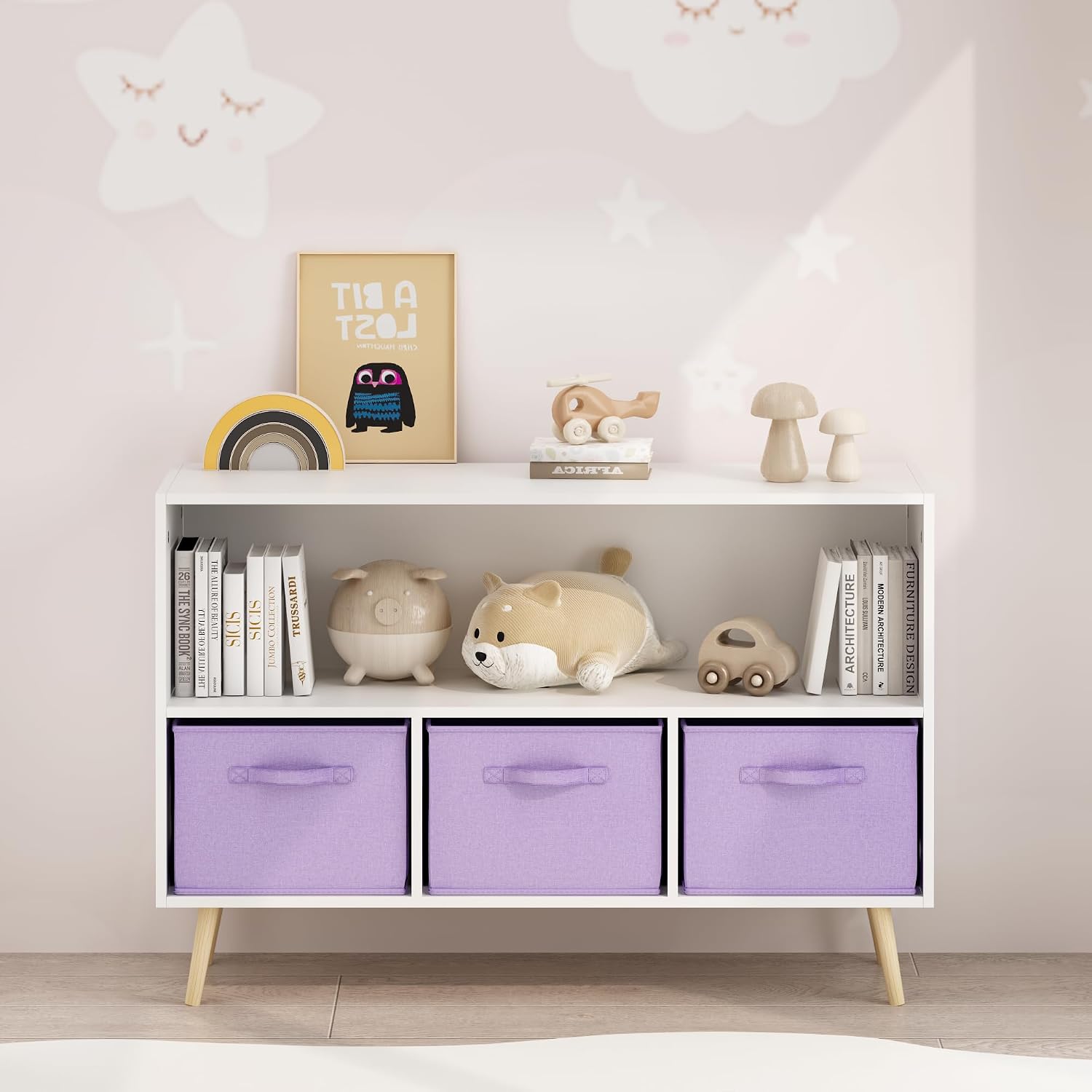 Kids Bookcase with Collapsible Fabric Drawers, Toddler Table and | Multi-purpose kids furniture set for bedroom with collapsible fabric drawers, sturdy MDF board, easy setup, perfect for
