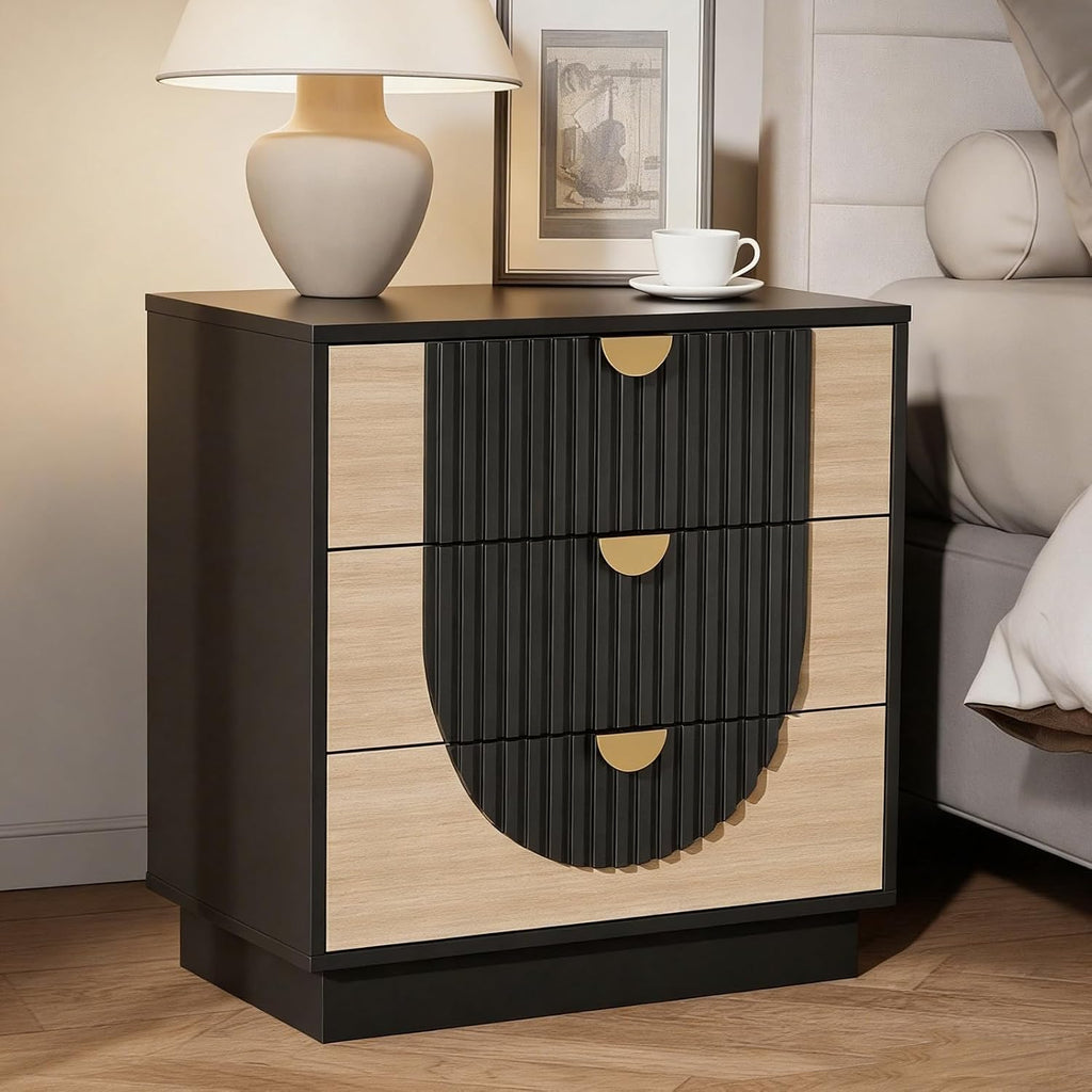 3 Drawer Nightstand with Charging Station, 28" Fluted Night Stand & Modern Bedside Table, Wood End Table Storage Cabinet for Bedroom Hallway, Entryway, Black Set of 2