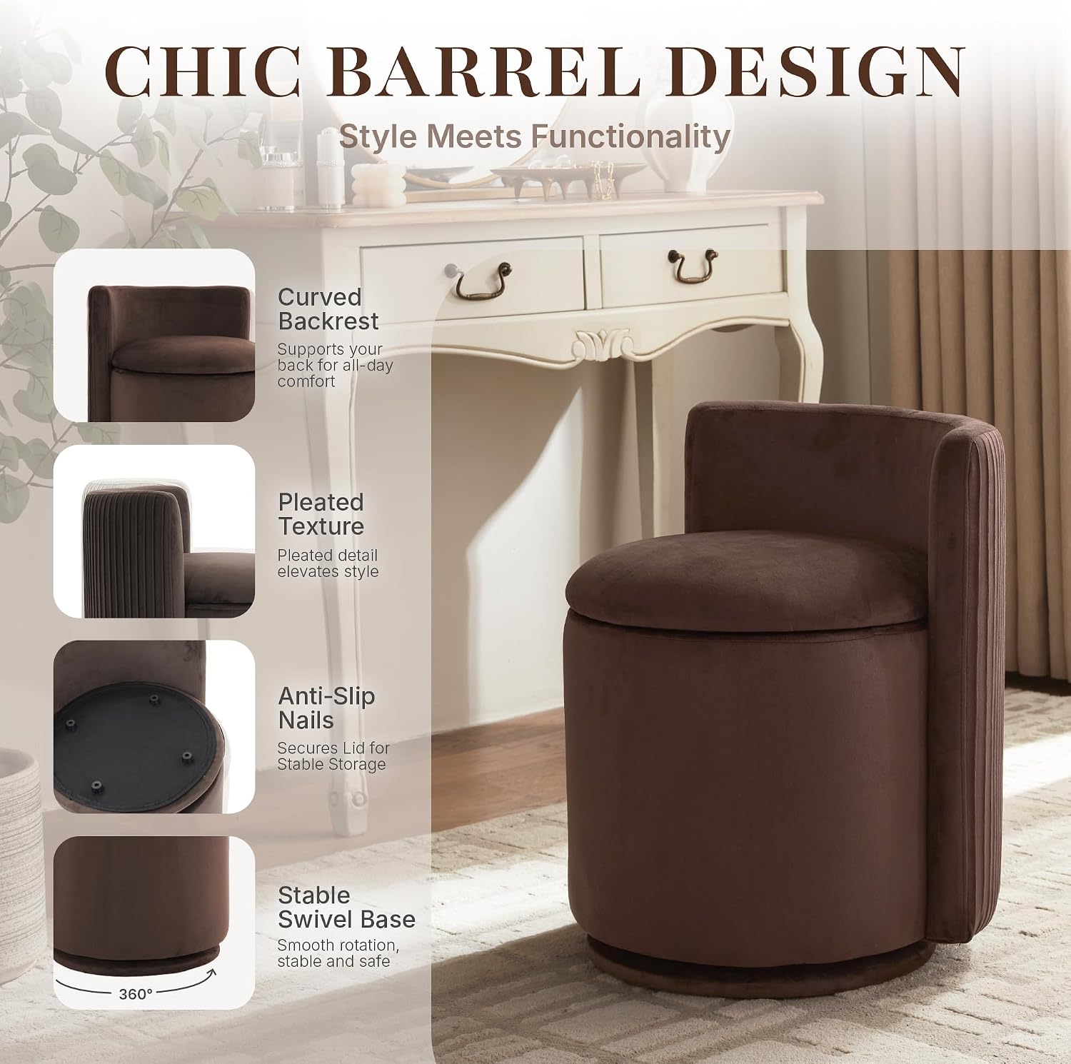 Velvet Vanity Chair with Storage, 360° Swivel Makeup Stool with Stripes Back & Upholstered Seat, No Assembly Round Accent Ottoman for Bedroom, Dressing, Living Room, Makeup Room