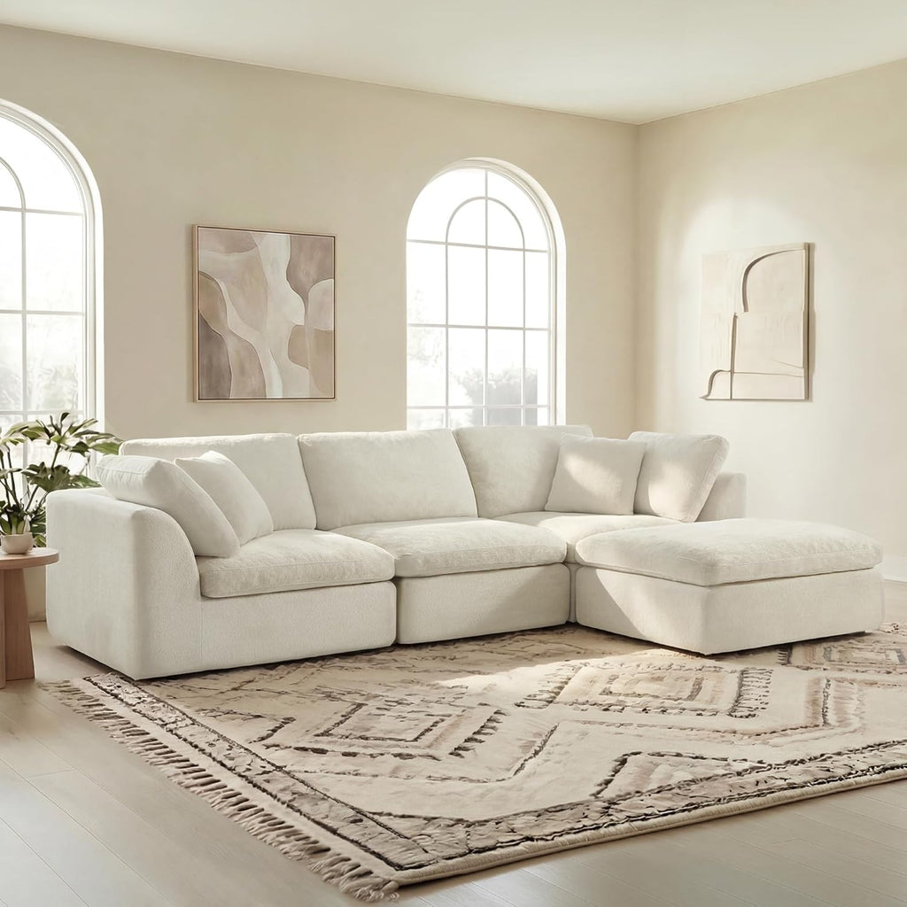 CHITA 108" Cloud Sectional Couches for Living Room, L-Shape Sofa with Ottoman, 3 Seater Modular Sectional Sofa, Cream